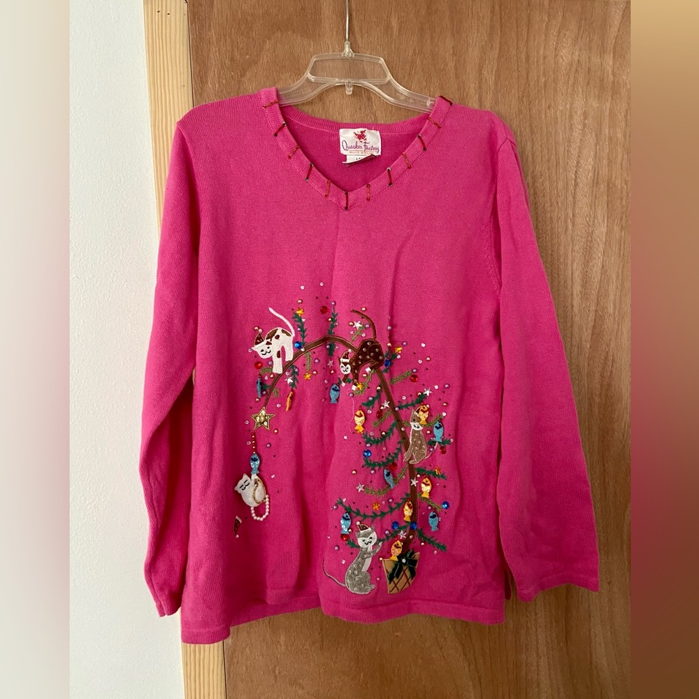 Quacker Factory Cat Christmas Tree Sweater Size Large